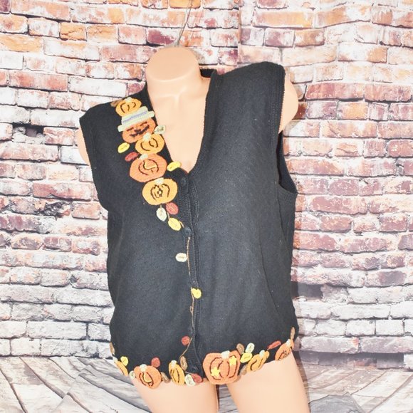 Karen Scott Large Halloween Vest Pumpkin Leaves Hand Embroidered - Picture 7 of 12
